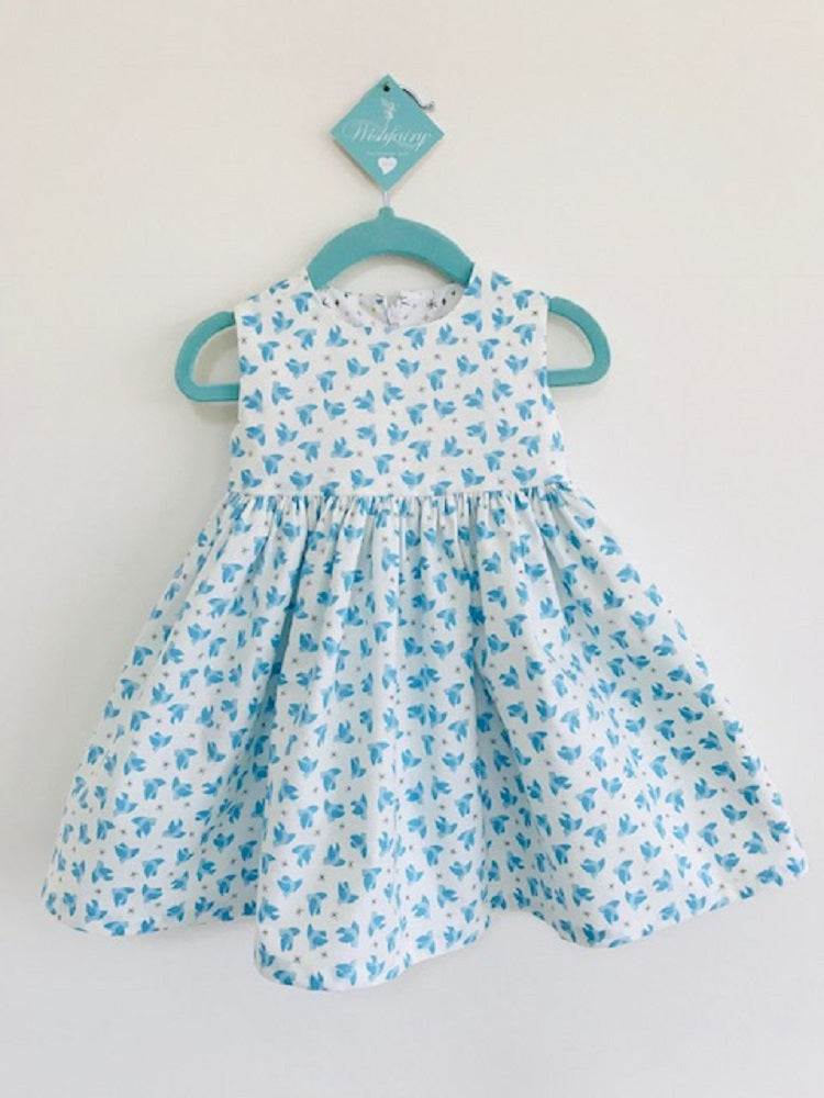 The Wishfairy Bunty Baby Dress (Flying Bluebirds on Cream)