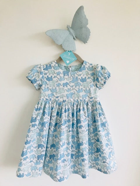 The Wishfairy Sara Ann Baby Dress and Pants (Marching Elephants Family Blue)