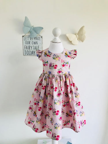 The Wishfairy Grace Dress (Grandma's Garden Bird Houses on Pink)