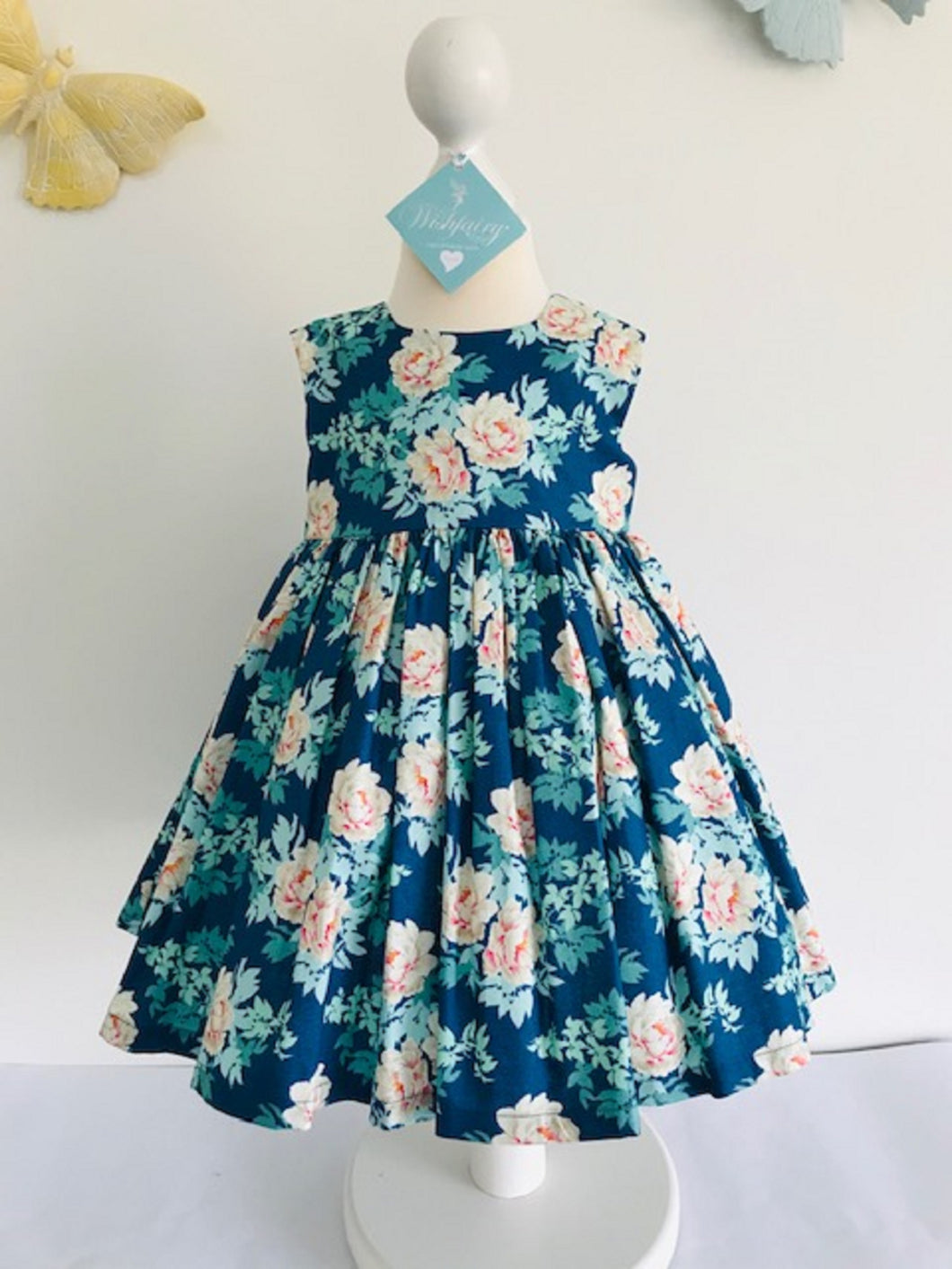 The Wishfairy Bunty Baby Dress (Peach Floral on Blue)