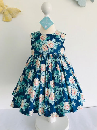 The Wishfairy Eve Dress 'Peach Floral on Blue'
